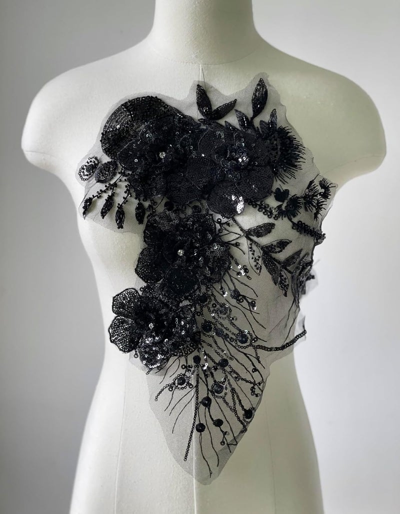 JRYYR Black Sequin Applique Patches, Handmade DIY Sew on 3D Flower Appliques for Clothing,Dresses, Dance Costumes, Bags, Home Decor (Black-A) - Image 5